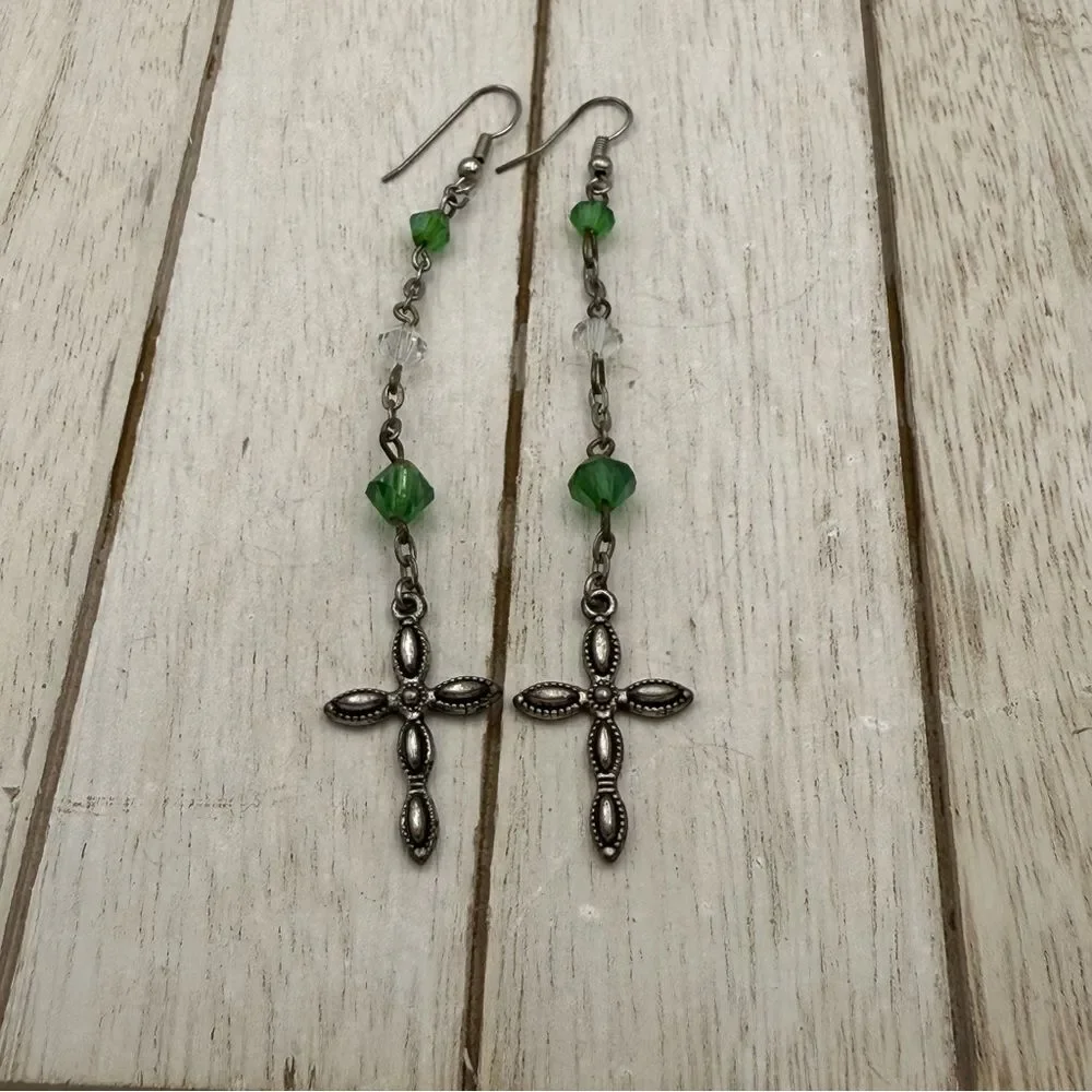 Green and Silver Cross Drop Earrings